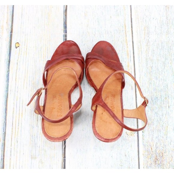 Wood Worx Red Leather Ankle Strap Wooden Heels Pump Sandals Size 9 M - Picture 6 of 10